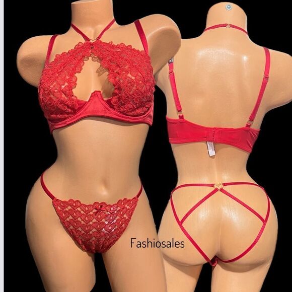 Victorias Secret Dream Angels Sweetheart Lace Ouvert cup Halter bra & panty Set - Picture 2 of 15